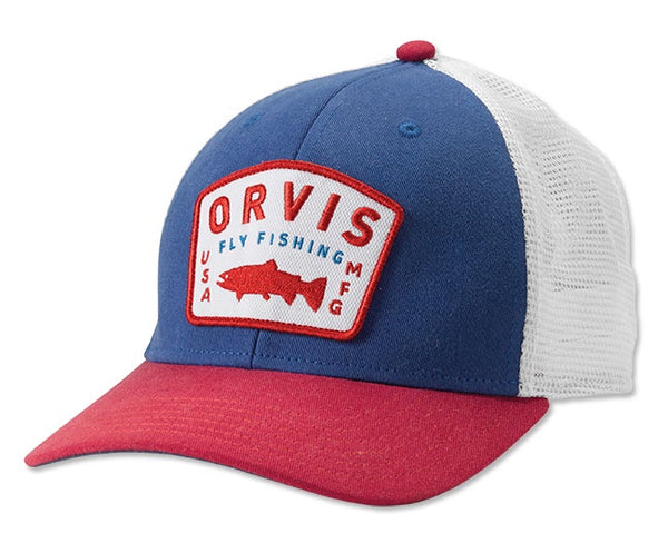 Orvis Mesh Trucker Hat Adult Fly Fishing Logo Patch Blue Tan