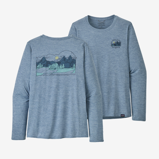 Patagonia Women's Long-Sleeved Capilene Cool Daily Graphic Shirt - Lands Lost and Found: Steam Blue X-Dye / M